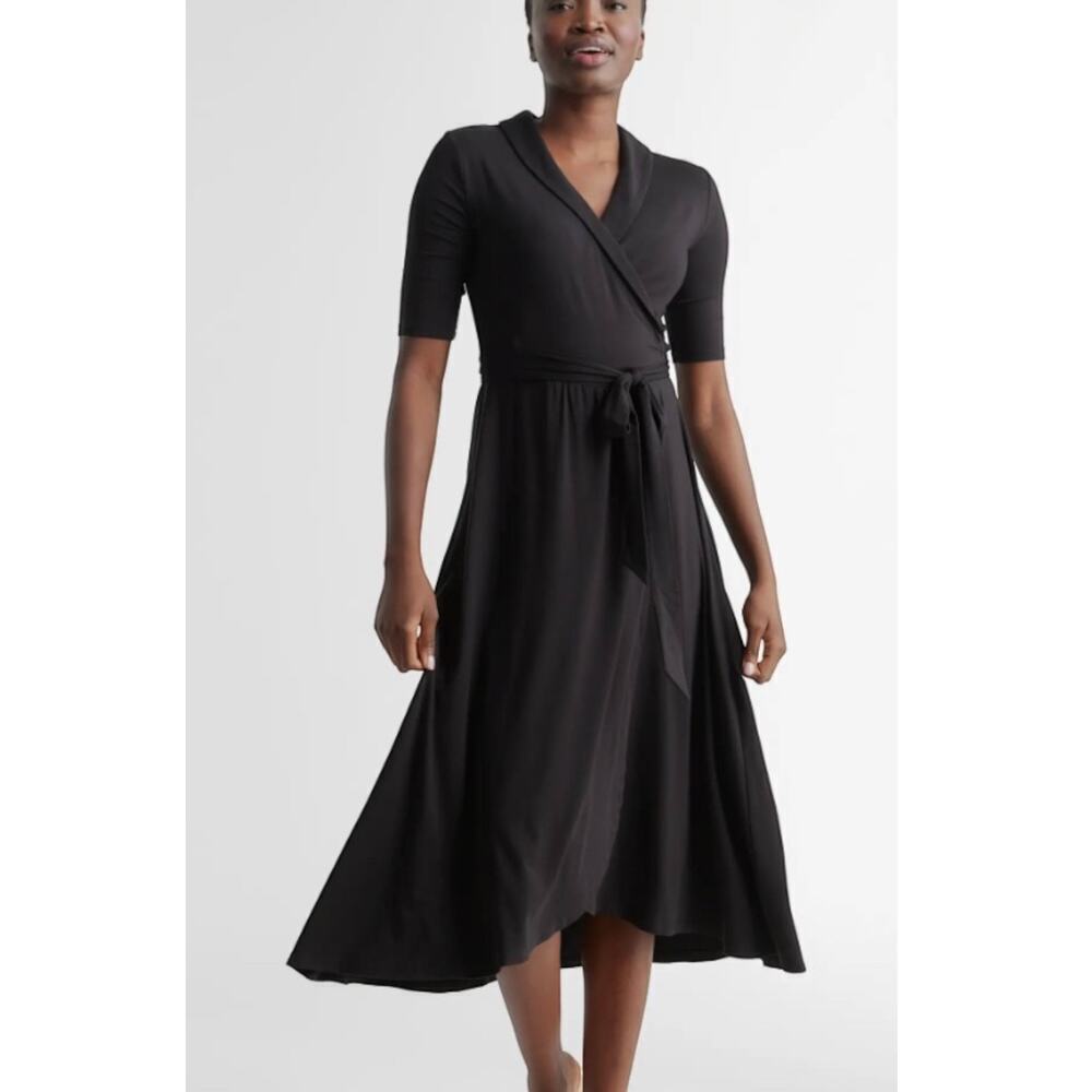 Quince Women's Comfy Tencel Jersey Midi Wrap Dress Black Sz S#